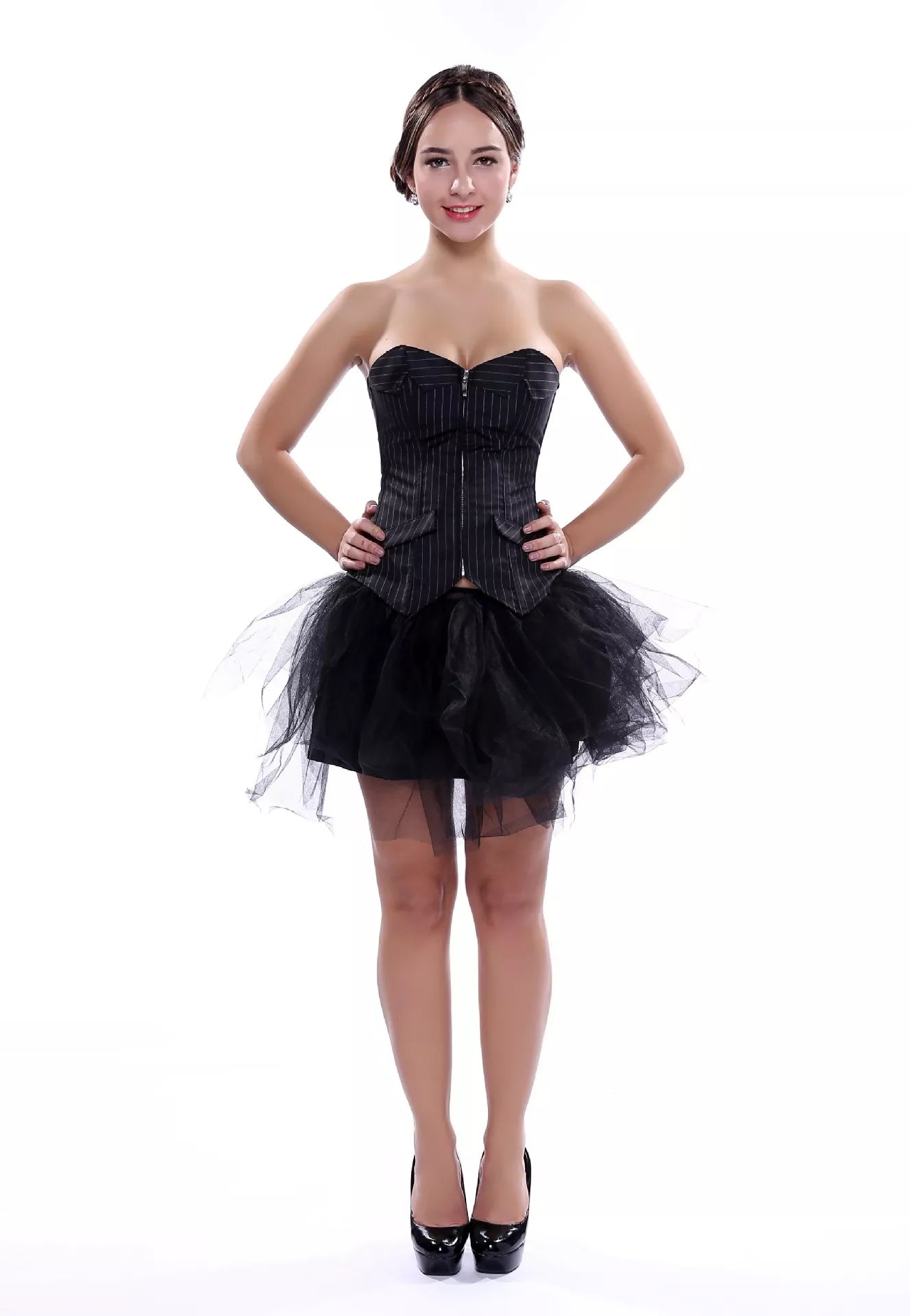 Pinstripe Black Overbust Corset Top with Steel Boning