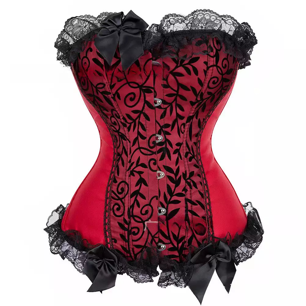 Satin Overbust Corset with Black Flocked Design and Lace Trim