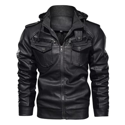 Men's Hooded PU Leather Jacket with Fleece Lining