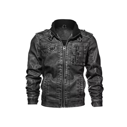 Men's Motorcycle PU Leather Jacket with Distressed Wash and Stand Collar