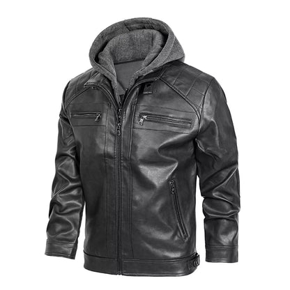 Men’s PU Faux Leather Motorcycle Jacket With a Removable Hood