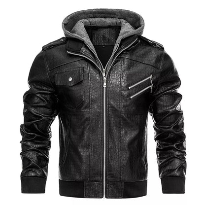 Men's Fashion Stand Collar Faux Leather Bomber Jacket with Detachable Hood