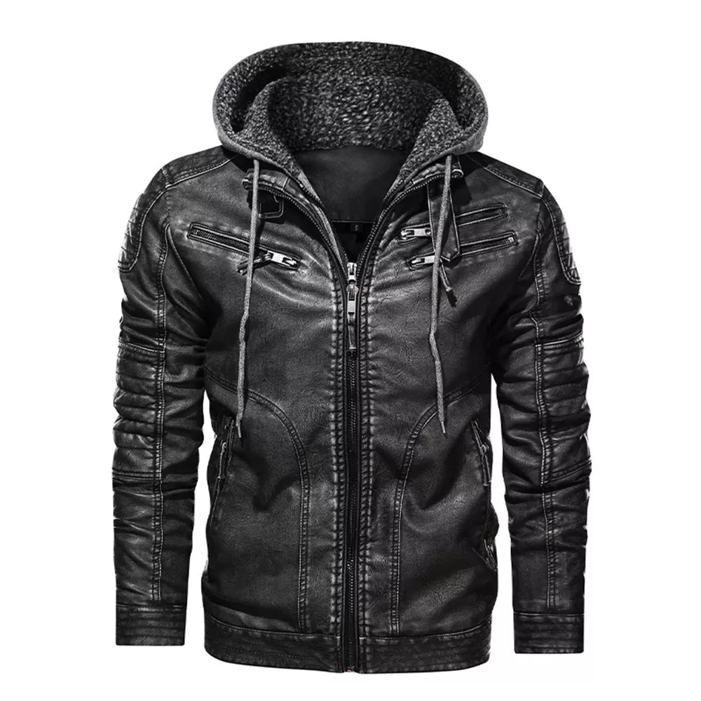 Men’s Stand Collar Warm PU Faux Leather Zip-Up Motorcycle Jacket