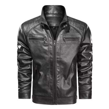 Men's Stand Collar Faux Leather Motorcycle Jacket with Zippered Pockets