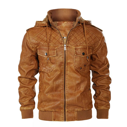 Men's Sleek Stand Collar PU Leather Bomber Jacket with Detachable Hood