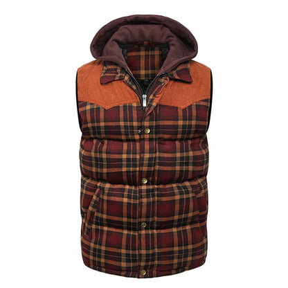 Men's Hooded Cotton Vest with Scottish Plaid Thick Sleeveless Vest