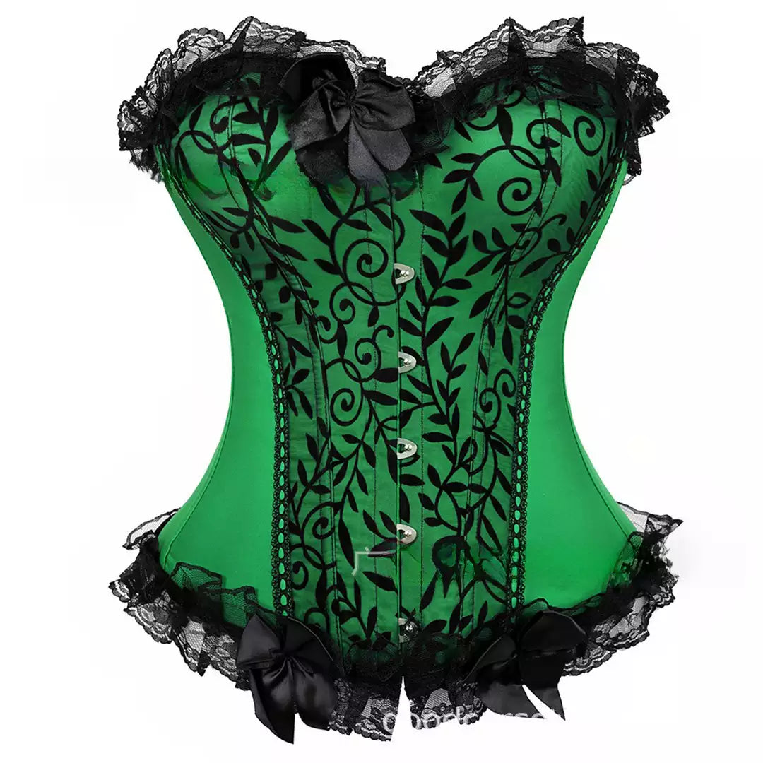 Satin Overbust Corset with Black Flocked Design and Lace Trim