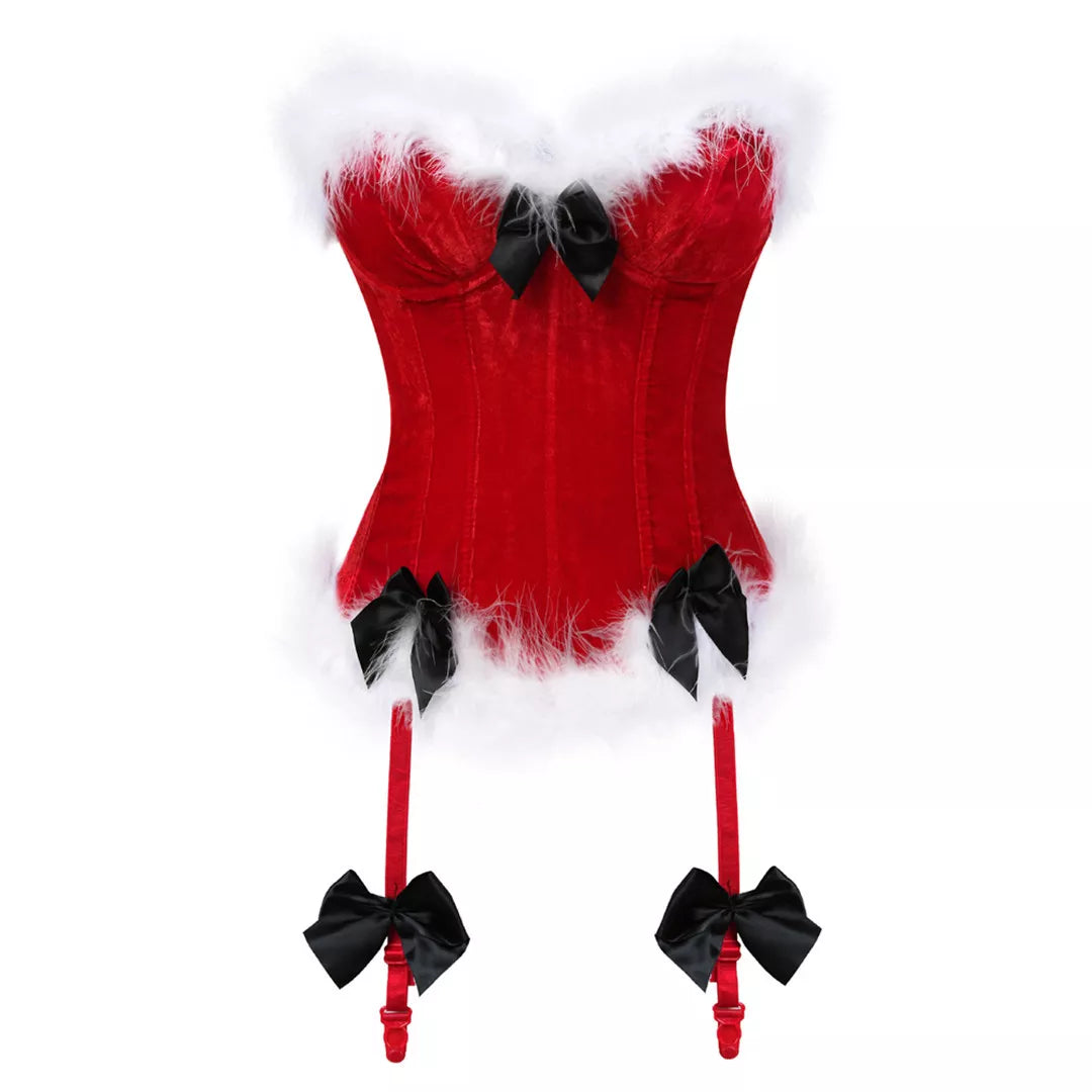 Festive Red Velvet Corset with White Fur Trim and Black Bows