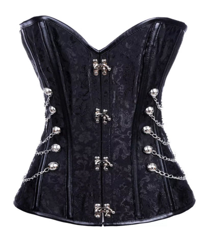 Gothic Jacquard Overbust Corset with Antique Brass Chains and Clasps