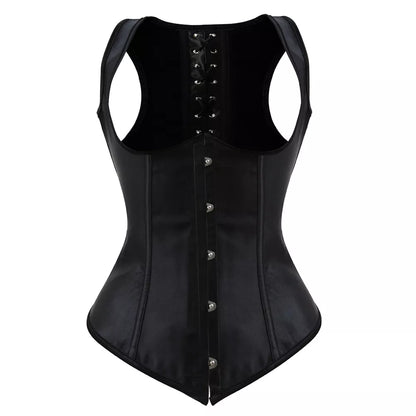 Black Satin Underbust Corset with Shoulder Straps and Front Busk Closure