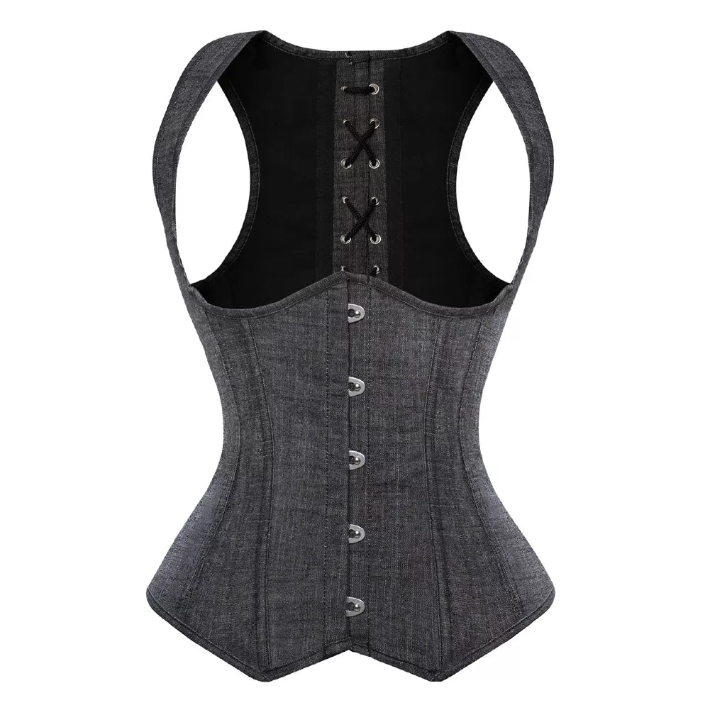 Classic Gray Underbust Corset with Shoulder Straps and Steel Boning