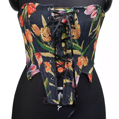 Renaissance Style Jacquard Tulip Boned Corset with Front Lace-Up