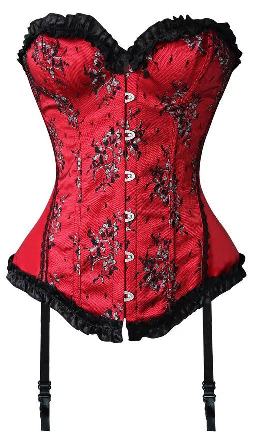 Victorian Overbust Corset with Garters and Ruffle Trim