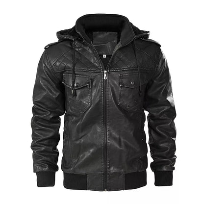 Men's Sleek Stand Collar PU Leather Bomber Jacket with Detachable Hood