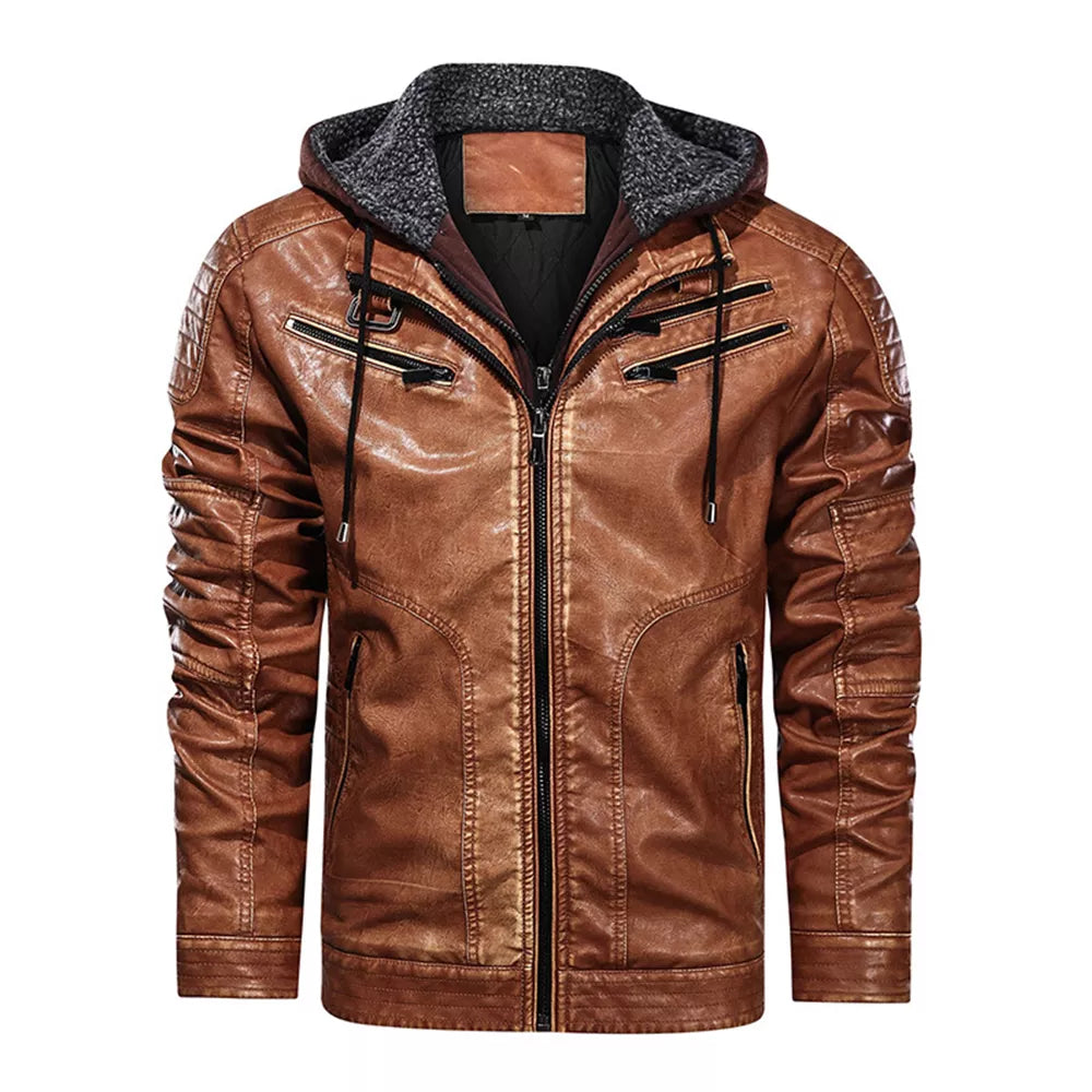 Men’s Stand Collar Warm PU Faux Leather Zip-Up Motorcycle Jacket