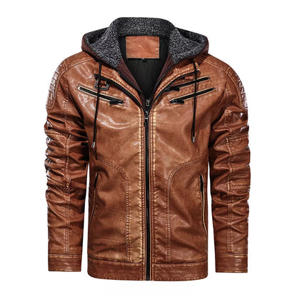 Men’s Stand Collar PU Leather Motorcycle Jacket with Detachable Hood