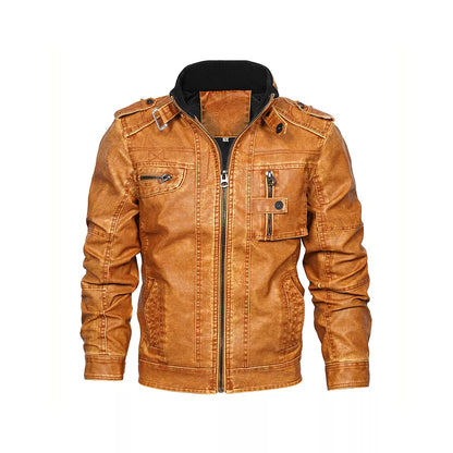 Men's Motorcycle PU Leather Jacket with Distressed Wash and Stand Collar