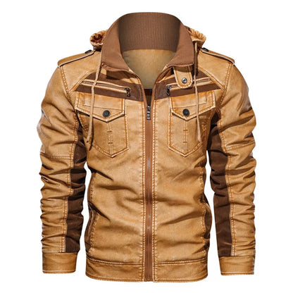 Men's Hooded PU Leather Jacket with Fleece Lining