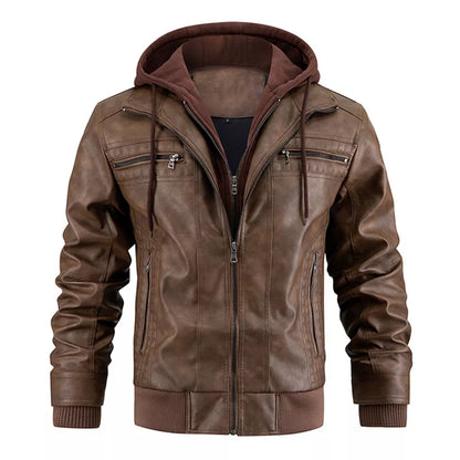 Men's Removable Hood PU Faux Leather Jacket