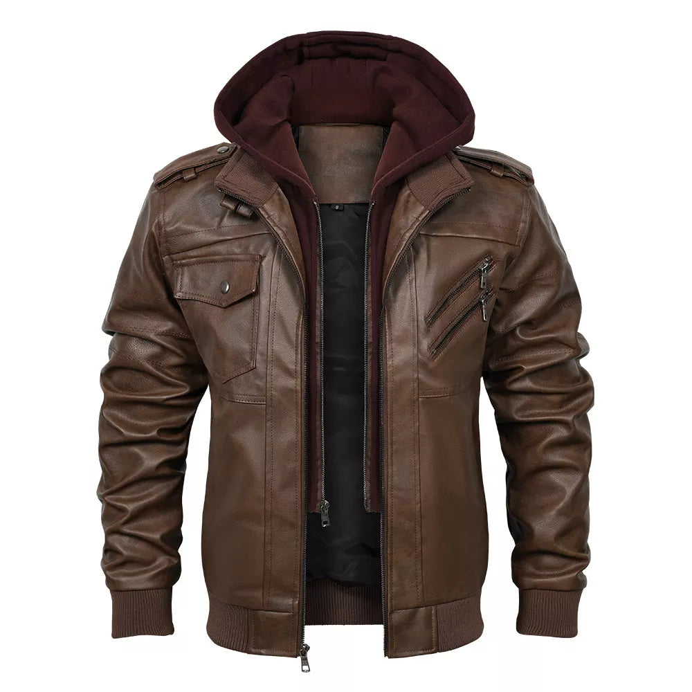 Men's PU Leather Bomber Jacket with Detachable Hood