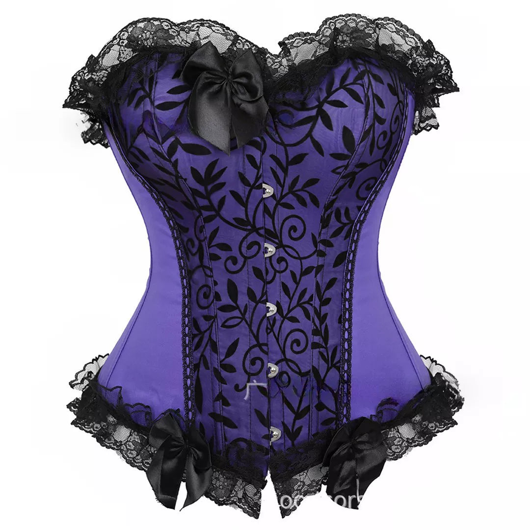 Satin Overbust Corset with Black Flocked Design and Lace Trim