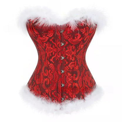 Steel Boned Corset Brocade Overbust Corset with White Fur Trim