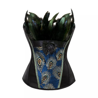 Satin Overbust Corset with Peacock Feather Embroidery and Lace-Up Back