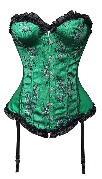 Victorian Overbust Corset with Garters and Ruffle Trim