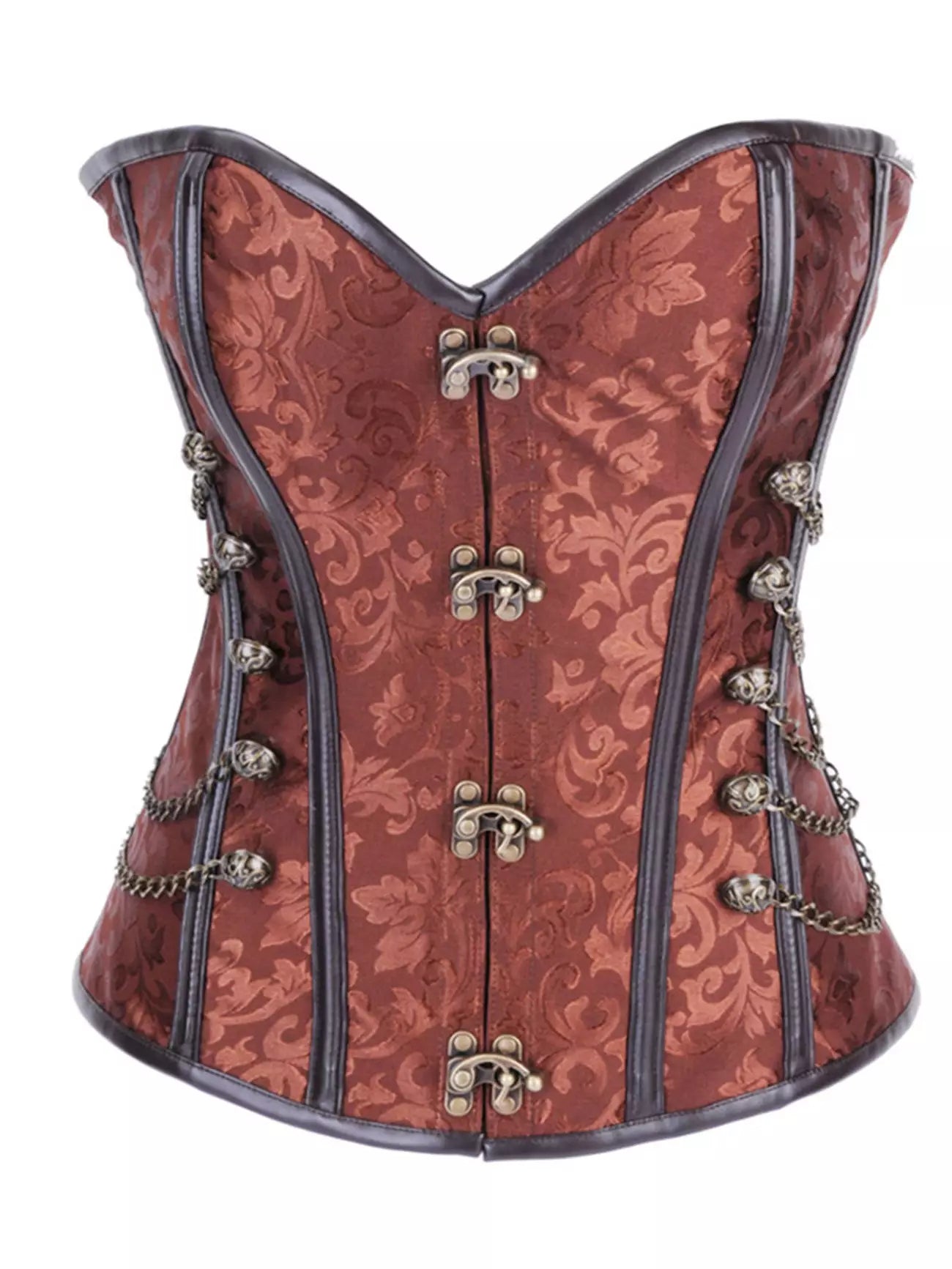 Gothic Jacquard Overbust Corset with Antique Brass Chains and Clasps