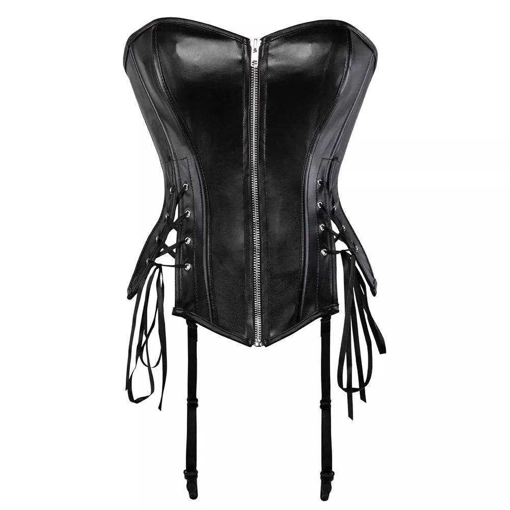 Steampunk Black Leather Corset Top with Side Lacing and Zipper Front