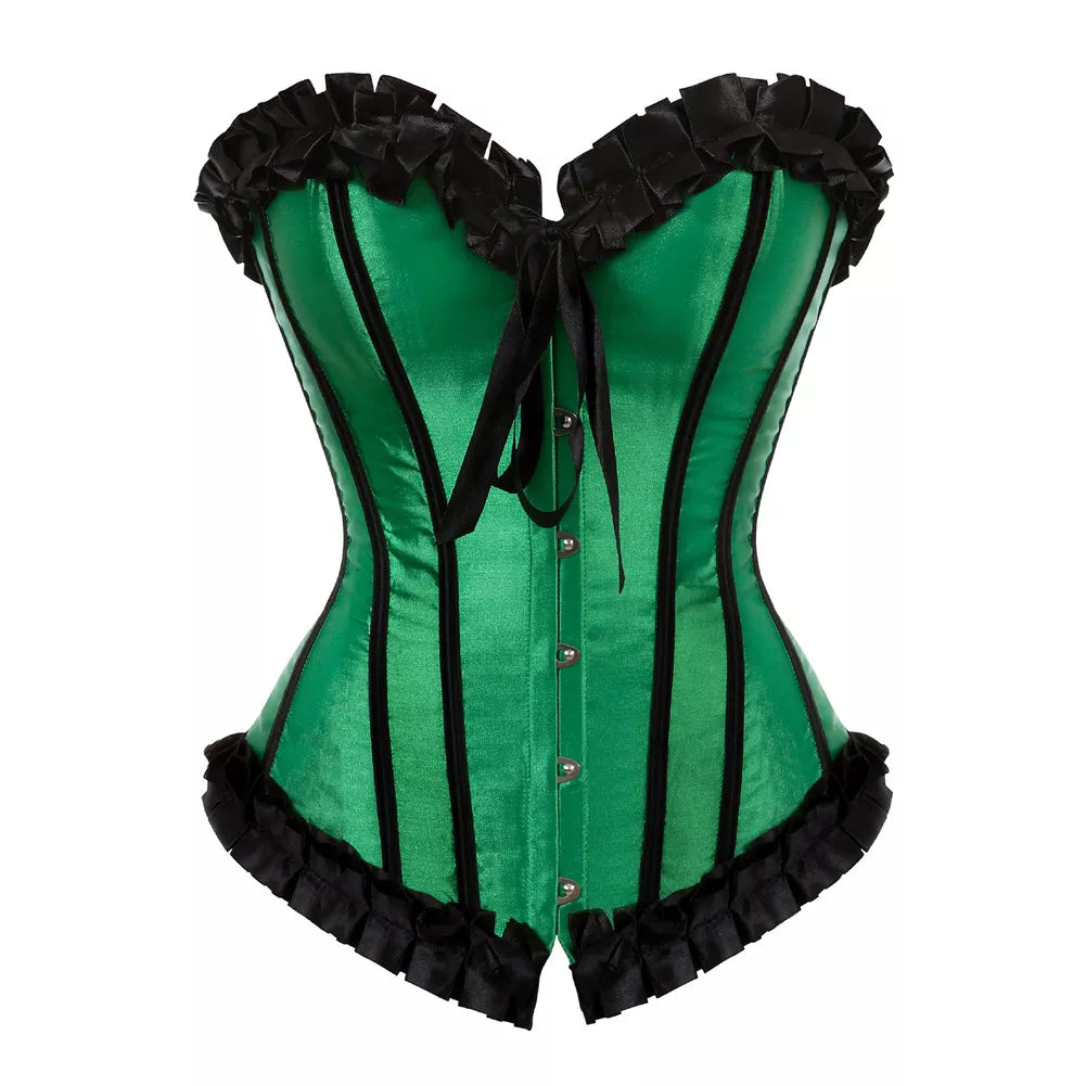 Laceing Overbust Corset Top with Black Ruffled Trim and Steel Boning