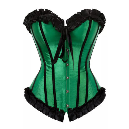 Laceing Overbust Corset Top with Black Ruffled Trim and Steel Boning