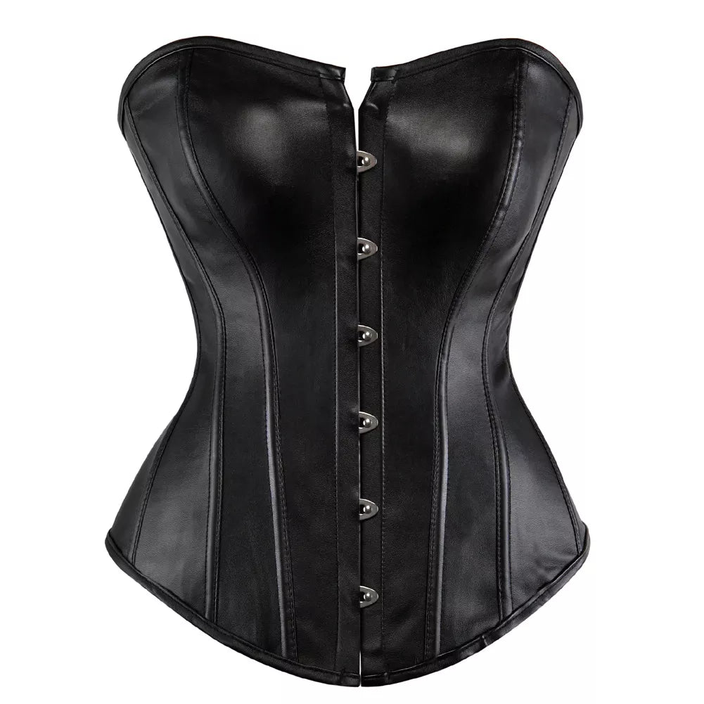 Leather Overbust Corset with Steel Boning and Lace-Up Back