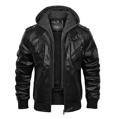 Men's PU Leather Bomber Jacket with Detachable Hood