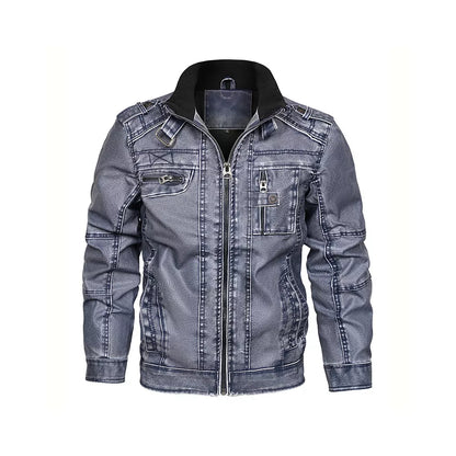 Men's Motorcycle PU Leather Jacket with Distressed Wash and Stand Collar