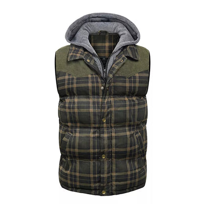 Men's Hooded Cotton Vest with Scottish Plaid Thick Sleeveless Vest