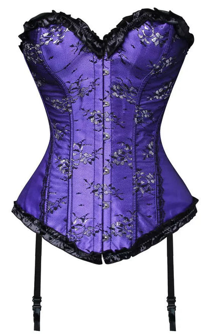 Victorian Overbust Corset with Garters and Ruffle Trim