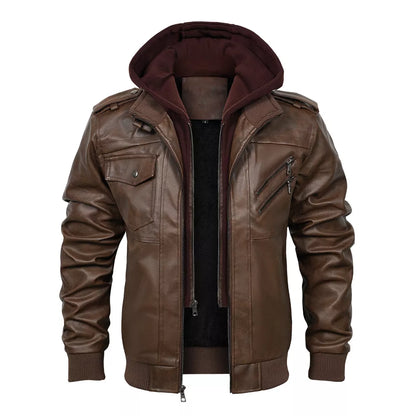 Men's PU Leather Bomber Jacket with Detachable Hood