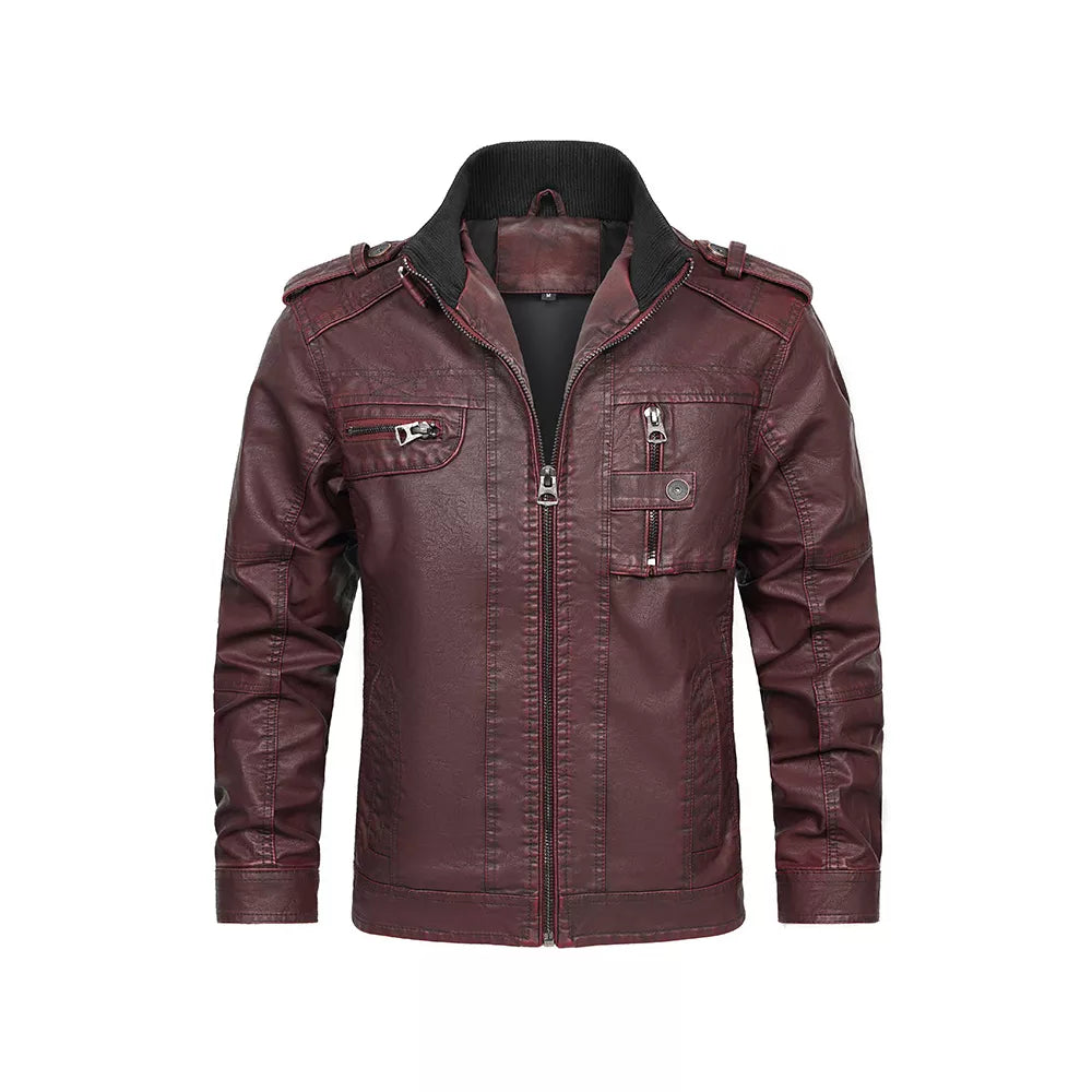 Men's Motorcycle PU Leather Jacket with Distressed Wash and Stand Collar