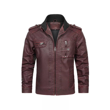 Men's Motorcycle PU Leather Jacket with Distressed Wash and Stand Collar