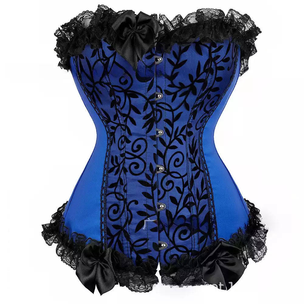 Satin Overbust Corset with Black Flocked Design and Lace Trim