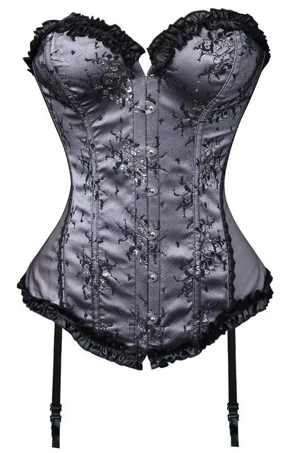 Victorian Overbust Corset with Garters and Ruffle Trim