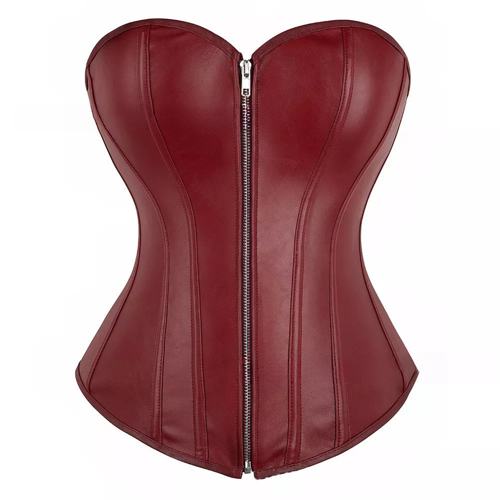 Steampunk Corset Leather Overbust Corset Top with Lace-Up Back and Zipper Front