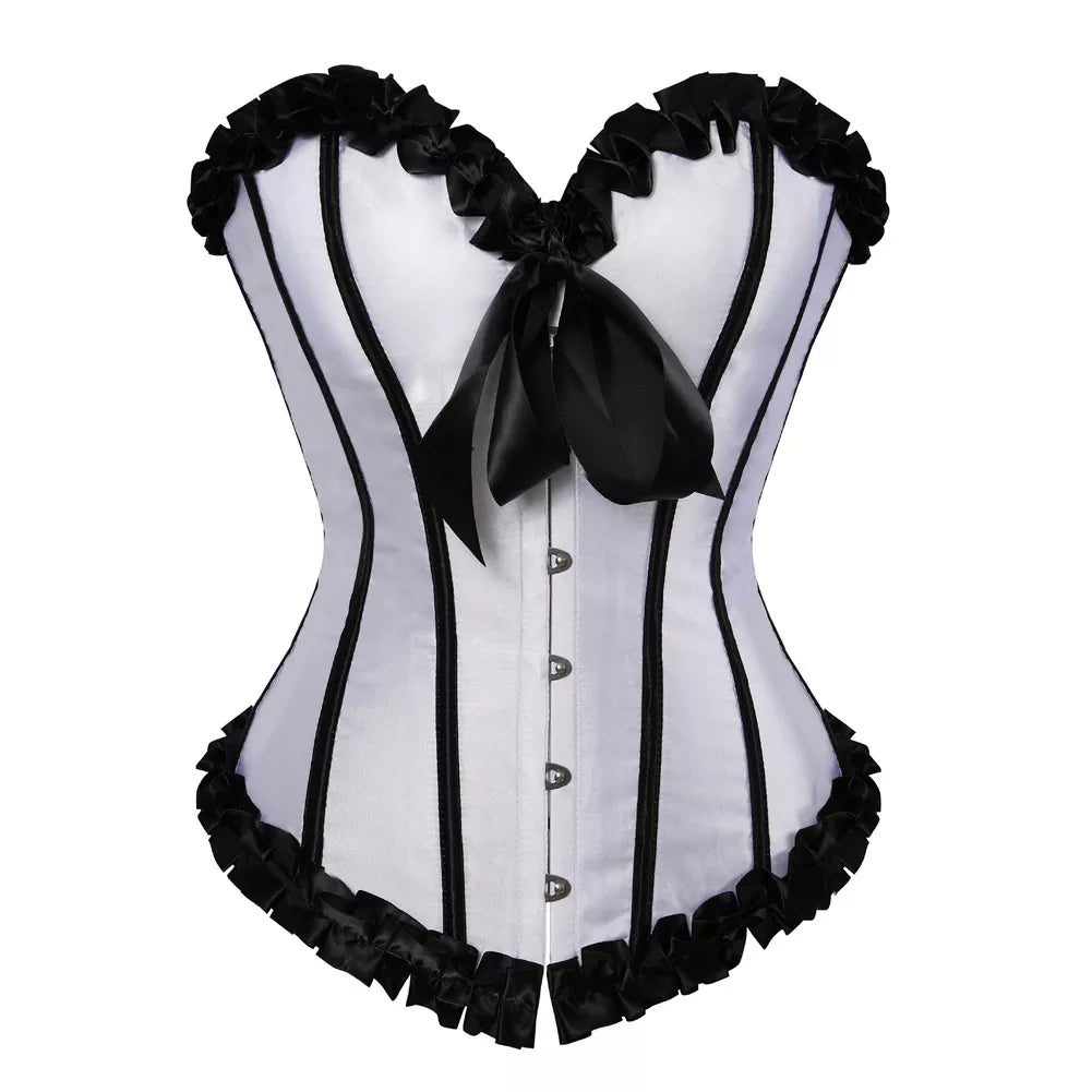 Laceing Overbust Corset Top with Black Ruffled Trim and Steel Boning