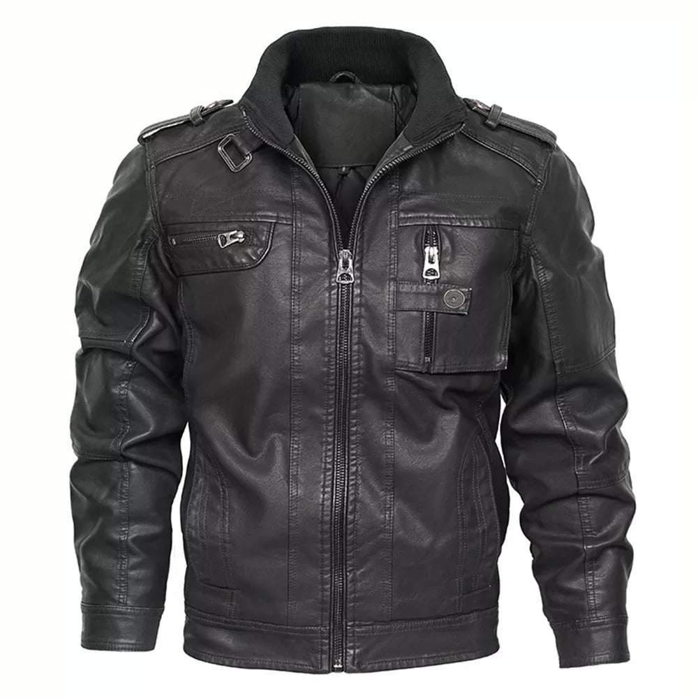 Men's Motorcycle PU Leather Jacket with Distressed Wash and Stand Collar