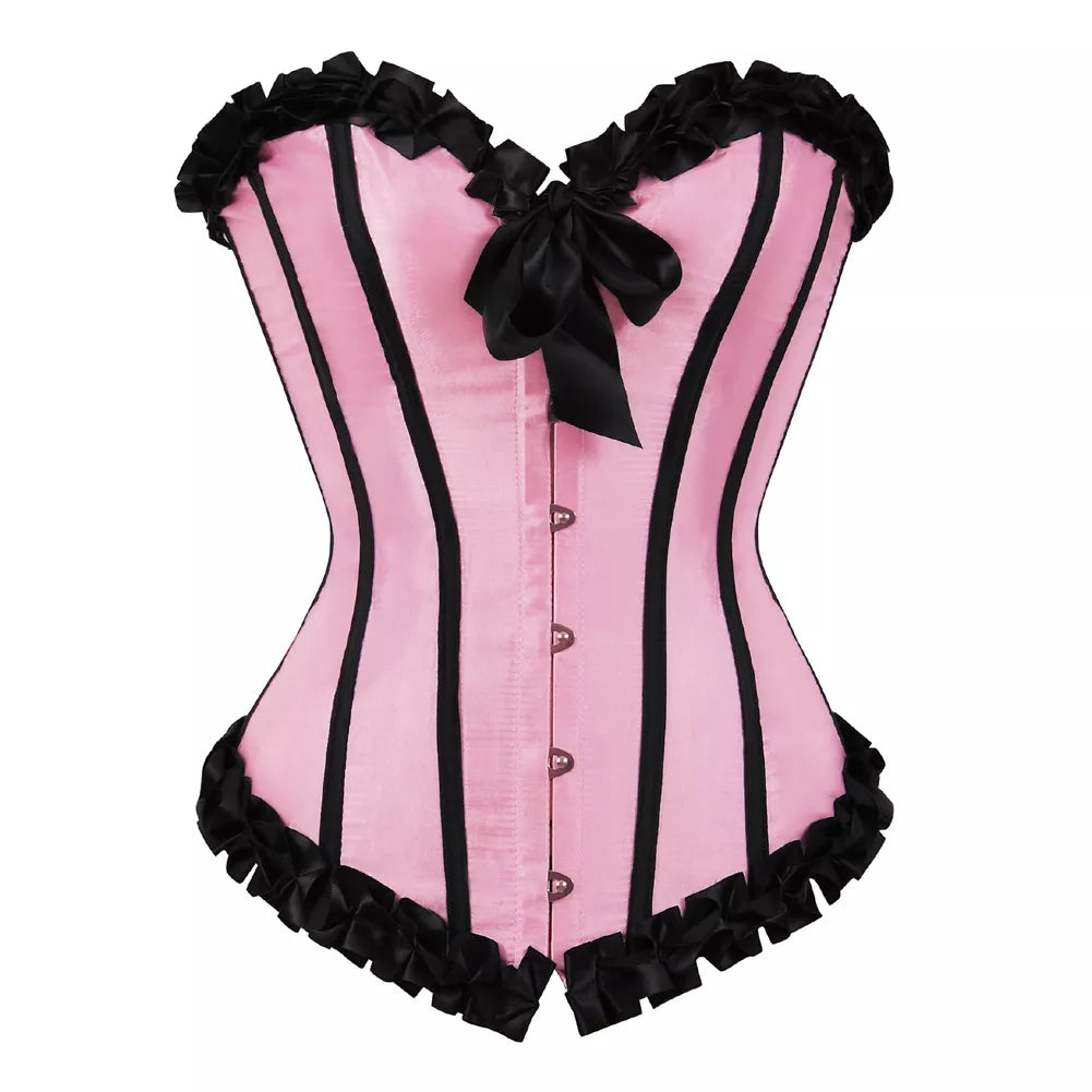 Laceing Overbust Corset Top with Black Ruffled Trim and Steel Boning