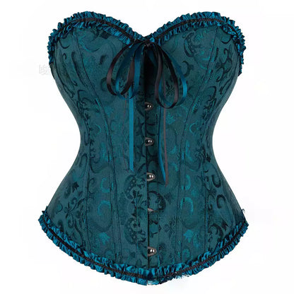 Victorian Overbust Corset Top with Adjustable Lace-Up Back and Front Busk Fastening