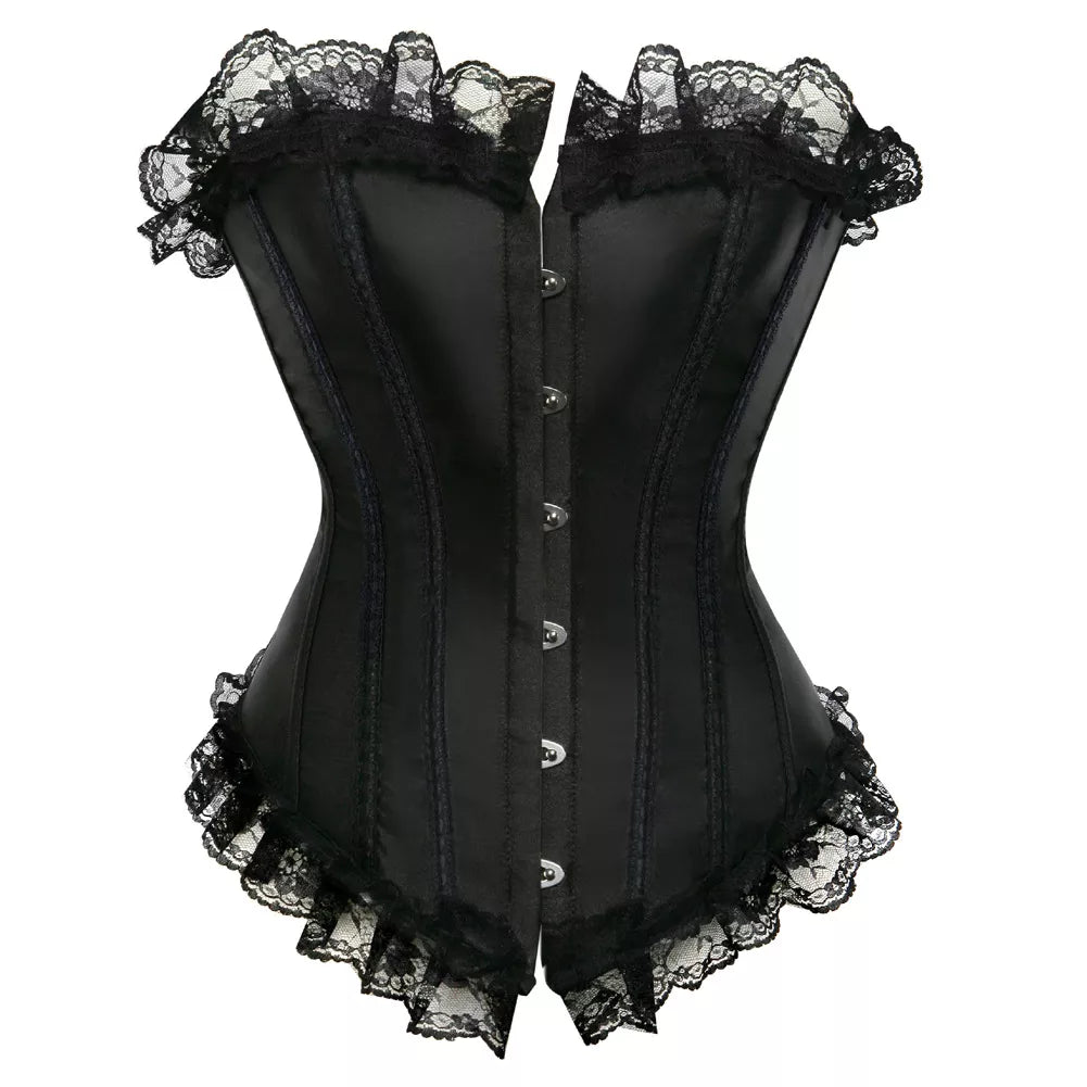 Satin Overbust Corset with Lace Trim and Steel Boning