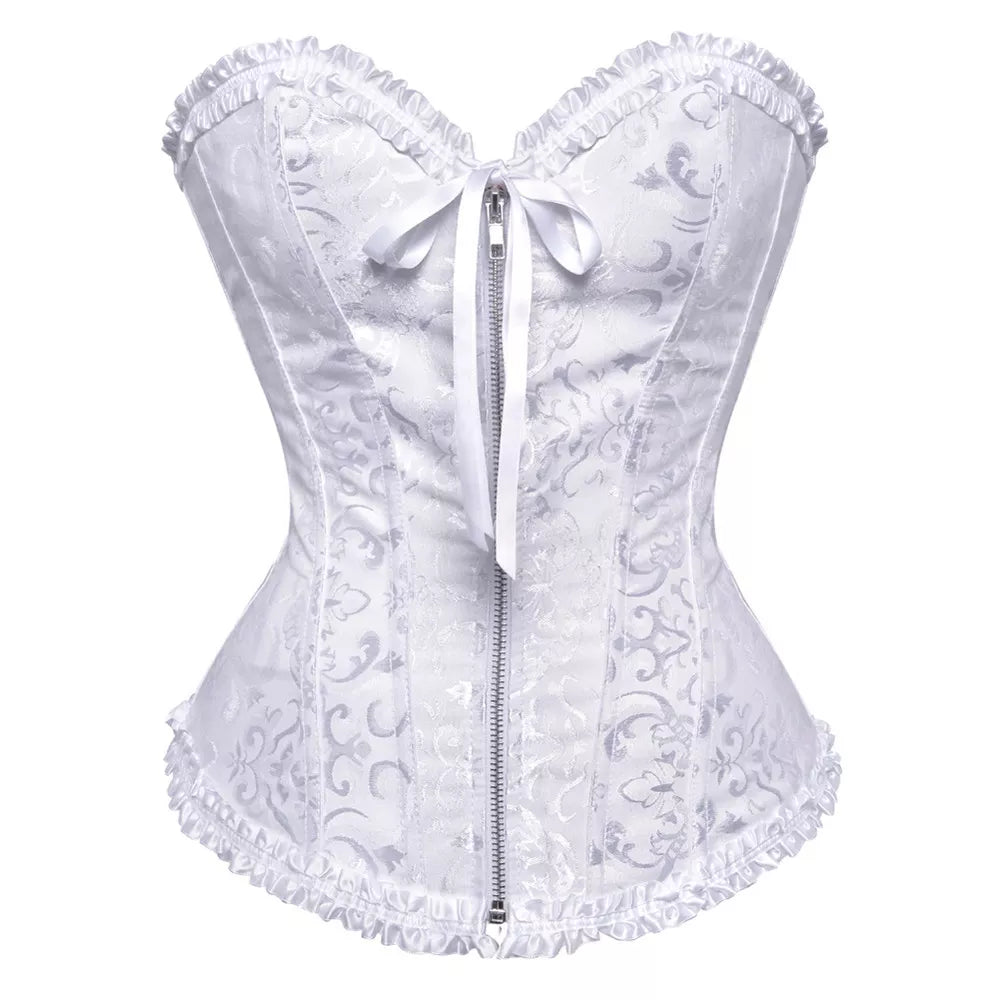 Lace Corset with Zipper Closure and Ruffle Trim