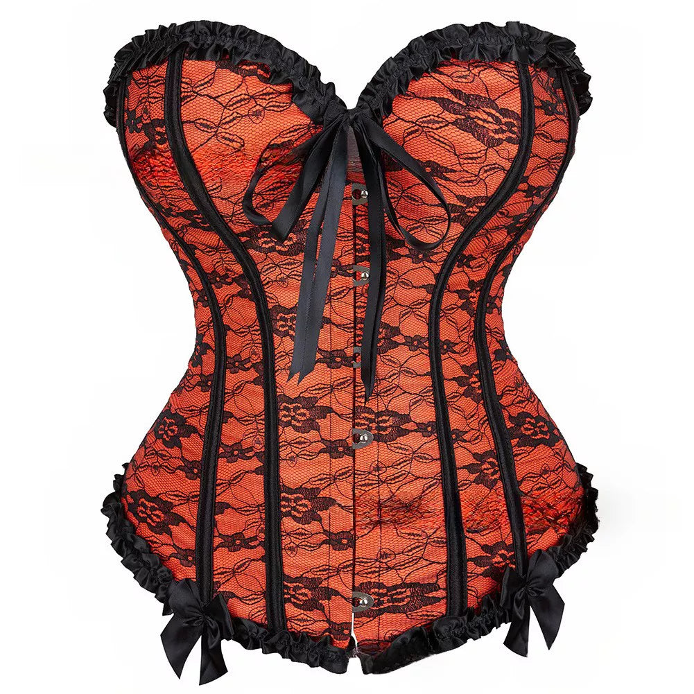 Gothic Lace-Up Overbust Corset with Satin Ribbon and Steel Boning